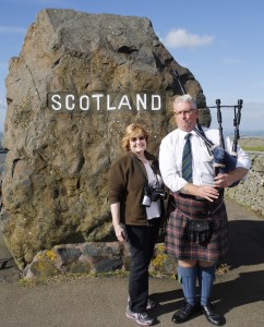 Linda being serenaded by bagpiper